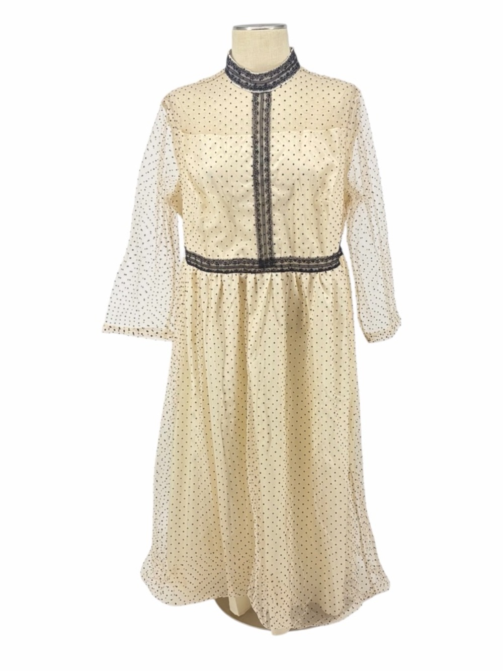 Women's Cream Polka Dot Midi Dress with Black Trim
